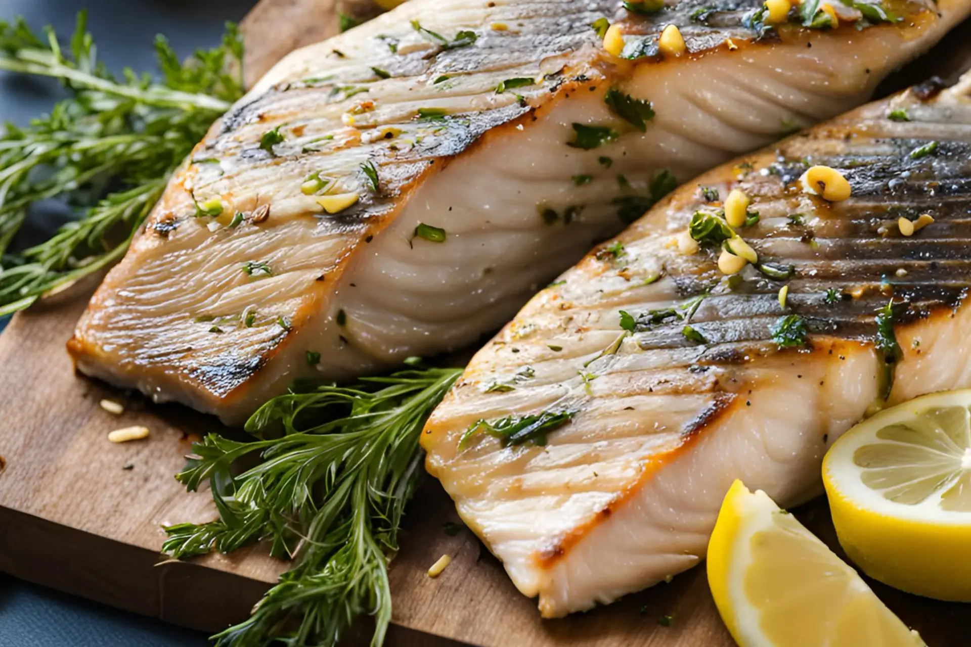 Grilled yellowtail fillets with lemon and herbs