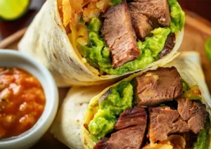 A steak burrito filled with grilled steak, cheese, guacamole, salsa, and rice, served on a plate.