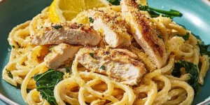 a plate of pasta with chicken and lemon slices, Easy Lemon Chicken Pasta Recipe
