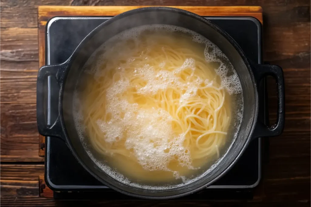 a pot of noodles boiling in a pan, Shrimp Spaghetti Recipe