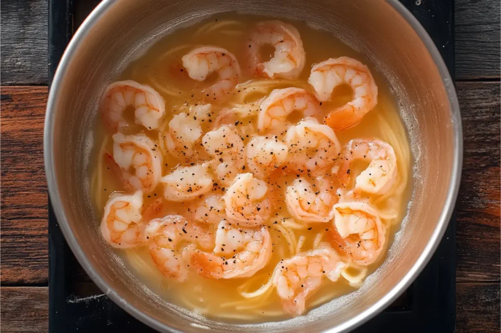 a bowl of shrimp and noodles, Shrimp Spaghetti Recipe